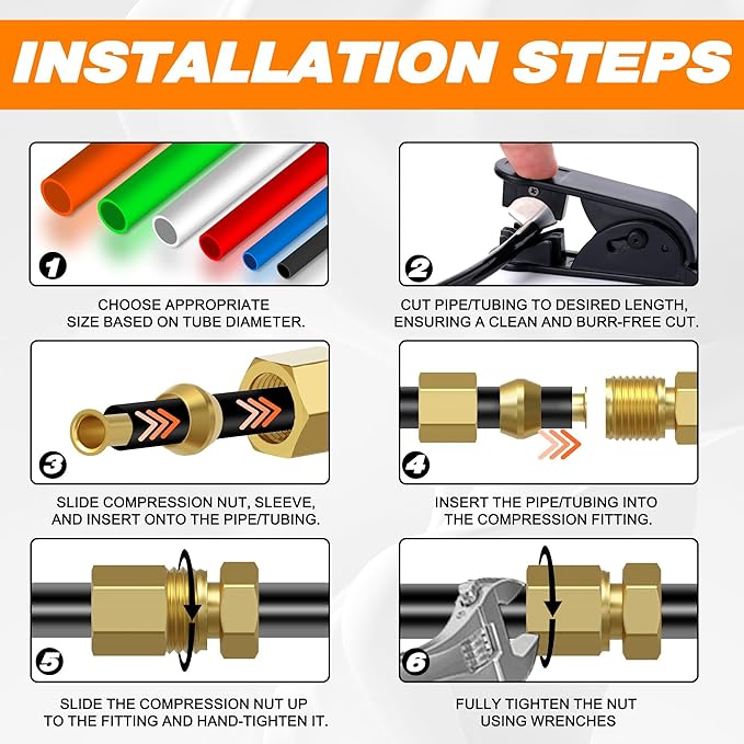 180 PCS Compression Fittings Assortment kit - 3 sizes (1/4", 3/8", 1/2") of Brass Compression Sleeve Ferrule, Insert and Nuts,Used to Connect Lines for Air,Water,Fuel,Oil and Inert Gases