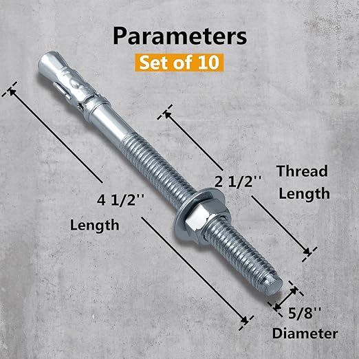 Party Animals 5/8 x 4-1/2 Inch Wedge Anchor, 10 PCs Zinc-Plated Industrial Anchor Bolts for Cement, Concrete