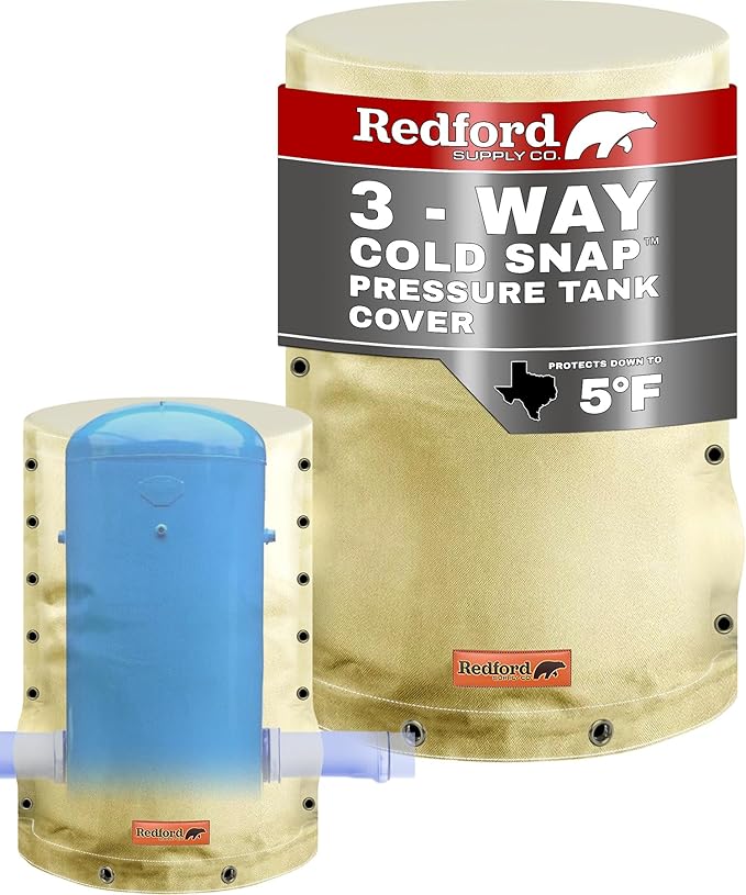 Redford Supply Co. Cold Snap (5°F) Round Pressure Tank Cover Insulation, 3-Way Round, 8"Diameter x 12"H, Water Well Tank Covers Insulated, Well Pump Cover Insulated Freeze Proof for Winter (Beige)