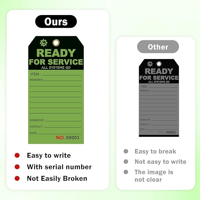 200 Pcs Ready for Service Tags 3 x 5.75 Inch with Serial Number Service Repair Green Tag with 10 Inch Wire Status Notice Tags Equipment Tag Designed for Factories (200)
