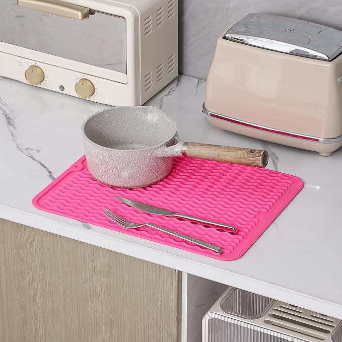 Silicone Dish Drying Mat for Multiple Usage,Easy clean,Eco-friendly,Heat-resistant Silicone Mat for Kitchen Counter or Sink,Refrigerator or drawer liner Rose L 16 inches x 12 inches