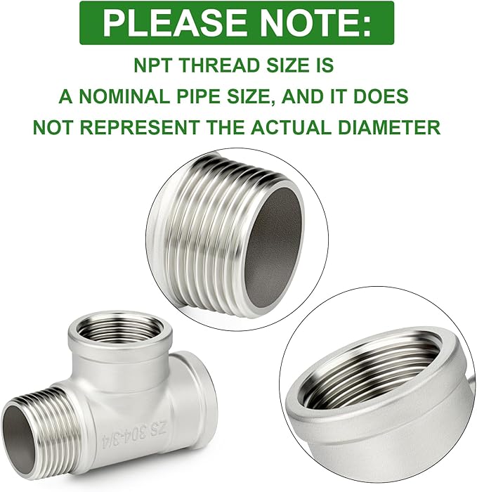 TAISHER 2PCS 304 Stainless Steel Tee Pipe Fittings, 3/4" NPT Female x 3/4" NPT Female x 3/4" NPT Male Pipe Fittings, Male Run Tee