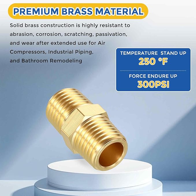 12 Pack Brass Pipe Fittings, 1/4" NPT Male to 1/4" NPT Male Brass Hex Nipple, Male Pipe Adapter Reducer for Air, Oil, LP