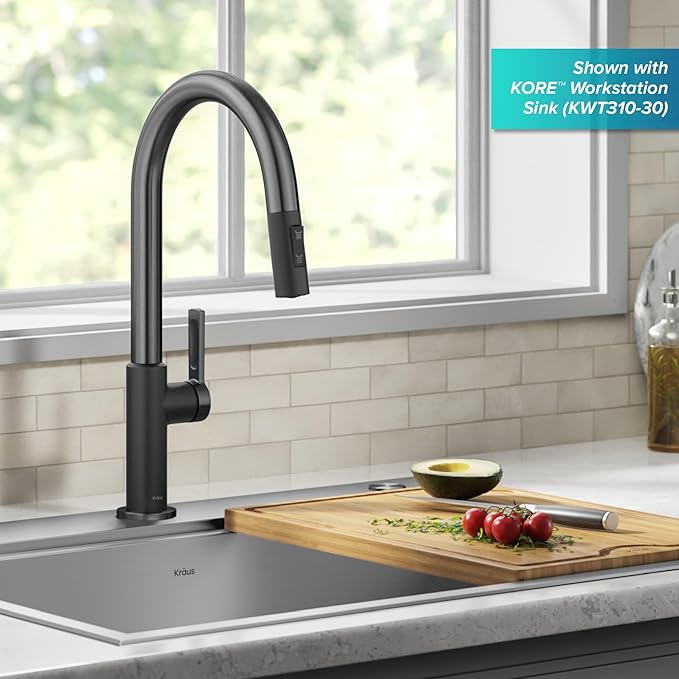 KRAUS Oletto High-Arc Single Handle Pull-Down Kitchen Sink Faucets in Spot Free Black Stainless Steel, Kitchen Faucets with Pull Down Sprayer, KPF-2820MBSFSB