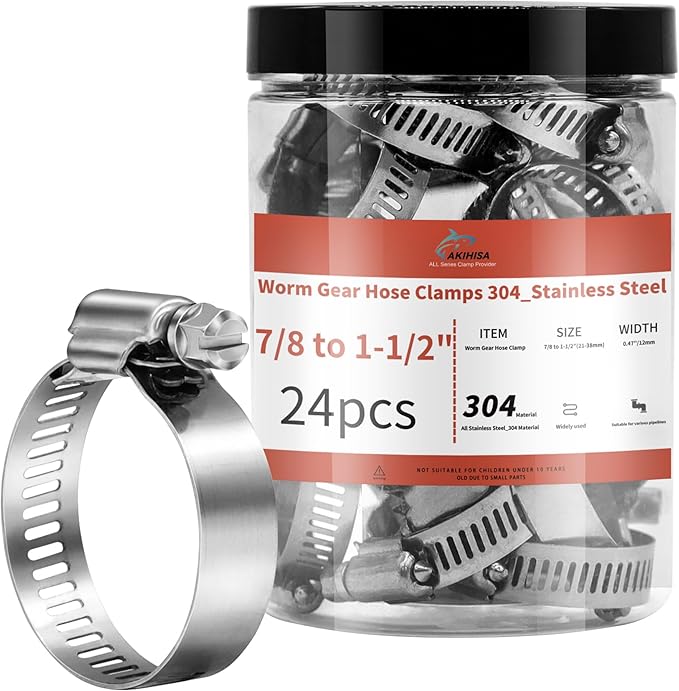 24 Pack 7/8" - 1 1/2" Worm Gear Hose Clamps, Adjustable Range 21-38mm 304 Stainless Steel Fuel Line Hose Clamps for Pipe, Plumbing, Automotive and Mechanical Application