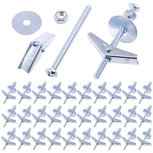 Swpeet 120Pcs 30 Set 1/4 Inch Toggle Bolts and Wing Nut Kit with Hex Nuts, Washers, Toggle Bolt Assortment Kit, Butterfly Toggle Anchors for Hanging Heavy Items on Drywall