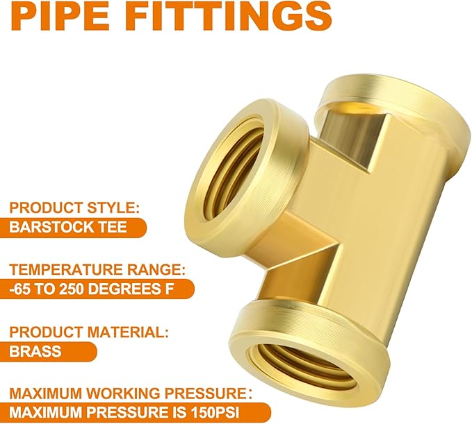 GASHER 2 Pcs Brass Tee Fitting, 1/2" x 1/2" x 1/2" NPT Female Pipe Fittings