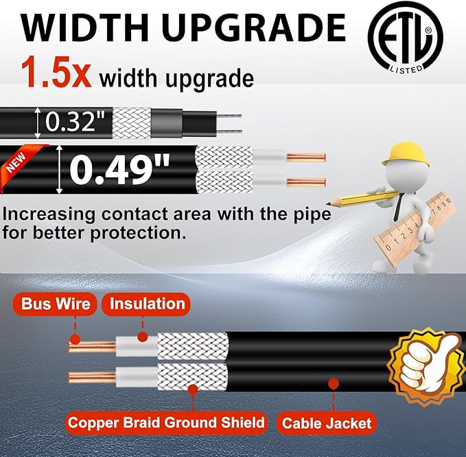 HEATIT Electric Heating Cable Automatic Heat Tape Pipe Freeze Protected Heated Cable PVC Pipe Heater 7 Feet