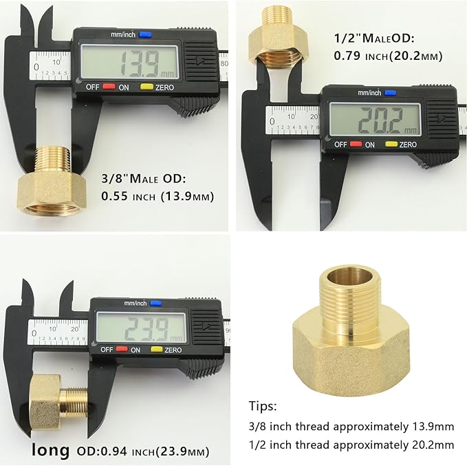 1/2 to 3/8 inch reducer faucet adapter - compressed brass pipe fittings, 3/8 "male to 1/2" female water supply pipe adapter for RV kitchen water supply pipes, compatible with 3 water pipe fittings