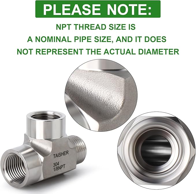 TAISHER 1PCS Forging of 304 Stainless Steel Tee Pipe Fittings, 1/8" NPT Female x 1/8" NPT Female x 1/8" NPT Male Pipe Fittings, Male Run Tee