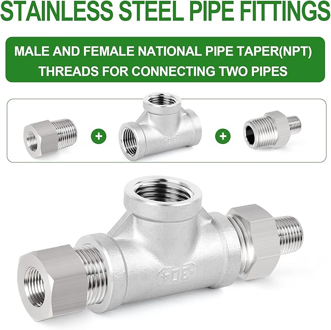 TAISHER 2PCS Stainless Steel Tee Pipe Fittings, 3/8" x 3/8" x 3/8" NPT Female Pipe Fittings