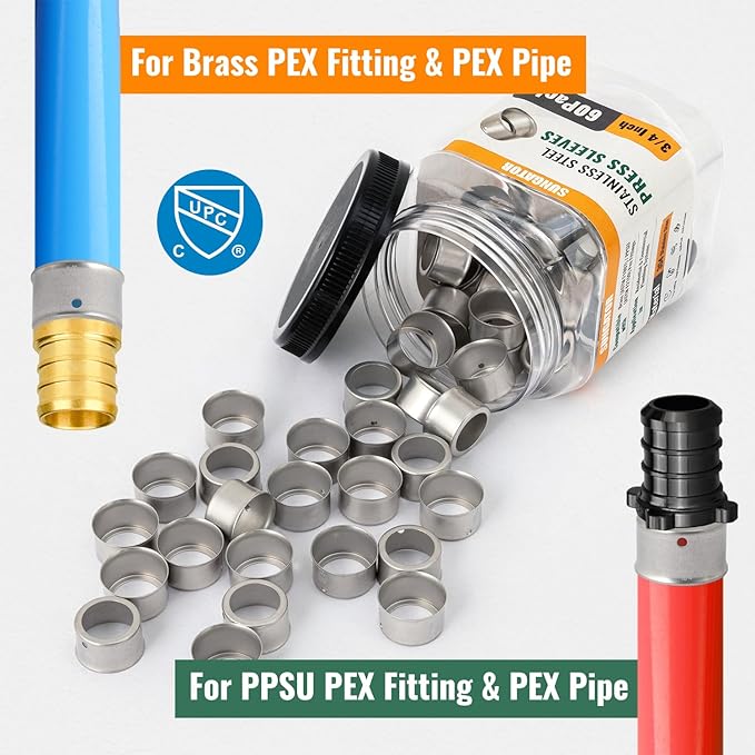 30 Pack 3/4" Pex Stainless Steel Press Sleeves, SUNGATOR 3/4'' Press Sleeves for 3/4 Inch Pex Pipe, Brass or Poly PPSU Pex Fittings