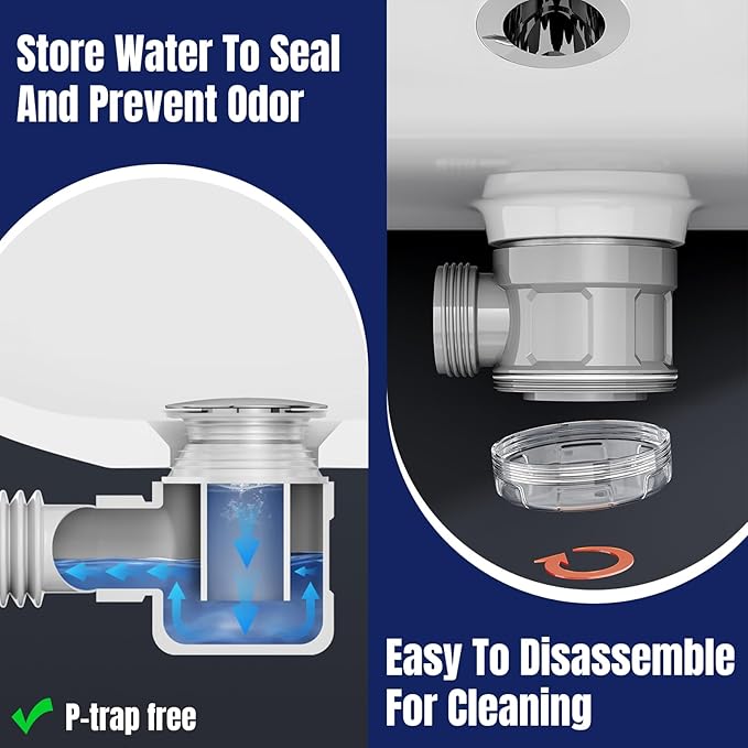 Bathroom Sink Drain Kit with Flexible Expandable Pipe: Odor-Free & Backflow-Preventing, Space-Saving Design without a P-trap, For 1-1/4'' & 1-1/2'' Drain Hole (Black, With Overflow)