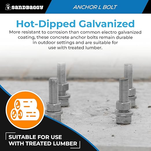 Sandbaggy 1" x 12" Threaded Concrete Anchor L-Bolts (Nuts & Washers Included) - Hot Dipped Galvanized - Sill Plate, Base Plate, Masonry, Wood, Cement Anchors, J Bolt (15, 1" x 12")