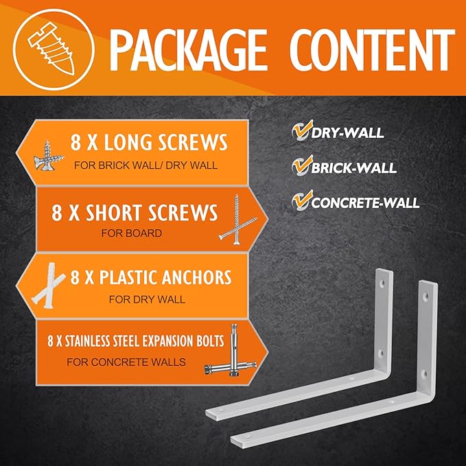 CLT White Shelf Bracket, 8” X 4.3” Quarter Inch (1/4") Thick- Max Load: 440 lb Rustic Industrial Modern Farmhouse Heavy Duty Cold Rolled Steel Bracket for Table Bench, Space Saving DIY, Pack of 4