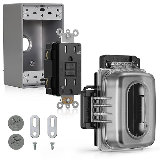 ELEGRP Outdoor GFCI Outlet with in Use Cover and Box Kit, 1 Gang, 15 Amp TRWR Self-Test GFI Receptacle, Extra Duty Metallic Electrical Outlet Box, Lockable in Use Cover, UL Listed, Black, 1 Pack
