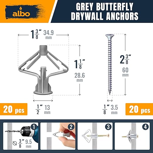 ALBO Drywall Anchor Kit with Screws - 120 Pcs Hollow Wall Set (Grey Butterfly, White Butterfly, Self Drilling, Screws) - Plastic Anchors for Drilling Hollow Walls