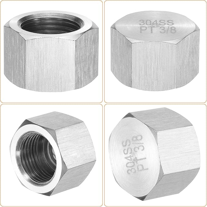 uxcell 2pcs Hex End Cap 304 Stainless Steel Nut with Washer, PT 3/8" Female Thread Pipe Fitting, Gas Line Water Line Stop Valve Cap Tubing Ends for Plumbing Fittings, Silver Tone