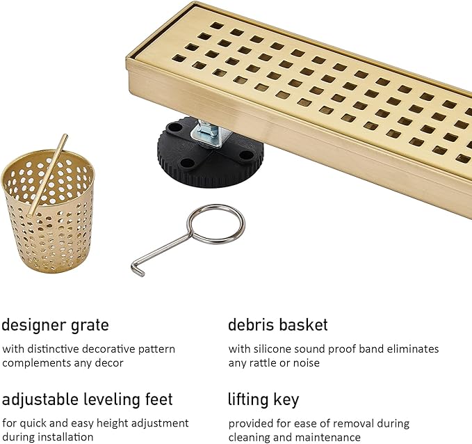 Linear Shower Floor Drain, Brushed Gold 12 Inch 304 Stainless Steel Bathroom Drains Kit, Long Rectangular Shower Trench Drain with Square Pattern Drain Cover & Hair Catcher