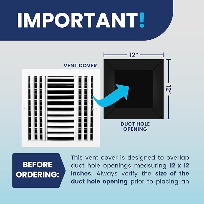 12x12 Inch (Duct Opening) Aluminum 3-Way Air Flow Vent – HVAC Vent Cover for Wall or Ceiling – Quiet HVAC Wall Register - Multi-Shutter Damper – Adjustable Curved Blade - Plastic Seal for Tight Fit