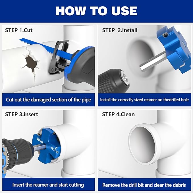 4Pcs PVC Pipe Reamer Kit, PVC Fitting Saver for SCH40, Includes 1-1/2", 3", 2 ", 4", Plumbing Pipe Fitting Tools with 4 Blades-Compatible with 1/2" Drills