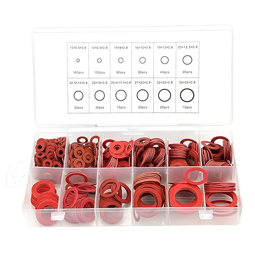 Fiber Flat Washers, Washer Assortment, Insulation Assorted Fiber Washers, High Temperature Rubber Flat Washer, Red Steel Washer Plumbing Kit with Plastic Box, 600pcs, 12 Sizes