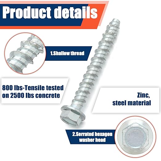 Tandefio 50 Pack 5/16" x 3" Concrete Screw Anchor Galvanized Large Diameter Heavy Duty Plated Concrete Anchors for Masonry Brick Anchoring Block Decking Framing Hex Drive