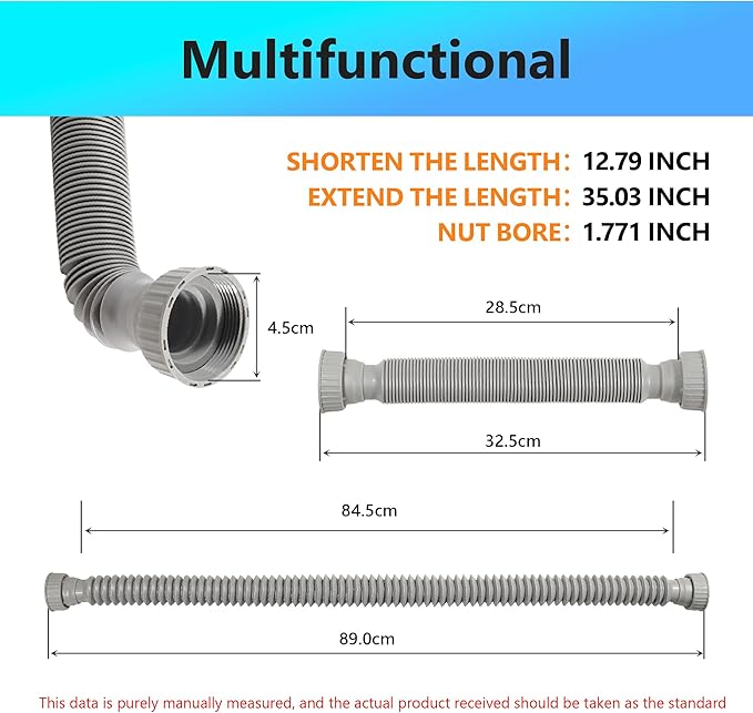 Sink Drain Pipe Kit, 1 Pack Flexible Drain Pipe P Trap, 12.79"-35.03" Flexible P Trap, Under Sink Plumbing for Bathroom & Kitchen, 1-1/4" Adapter Included