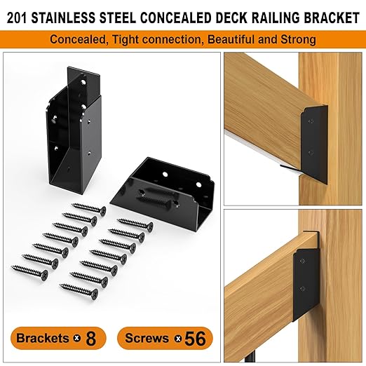 30° Stair Angle Stainless Steel Deck Railing Brackets Connectors for 2"x4" (Actual 1.5"x3.5") Railing Wood Post Stair Fence Railing Connectors with Coated Wood Screws,(8 Pair/Black)