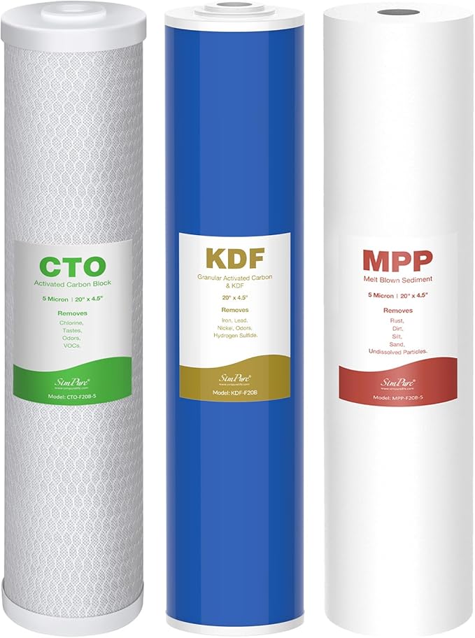 SimPure Whole House Water Filter Cartridges 5 Micron 20" x 4.5" PP+CTO+GAC/KDF 3-Stage Sediment Carbon and Heavy Metal Filter Set, for DB20P-3KDF, WGB32B-KS, DGD-5005-20, FC25B, 1 Set