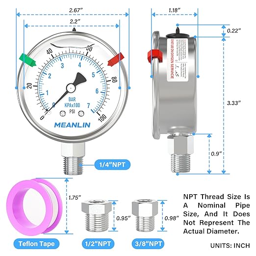 MEANLIN MEASURE 0~100Psi Stainless Steel Liquid Filled Pressure Gauge 2.5" FACE DIAL 1/4" NPT for Well Pump Tire Water Pressure Tester Lower Mount with Stainless Steel Hex Bushing and Snaps