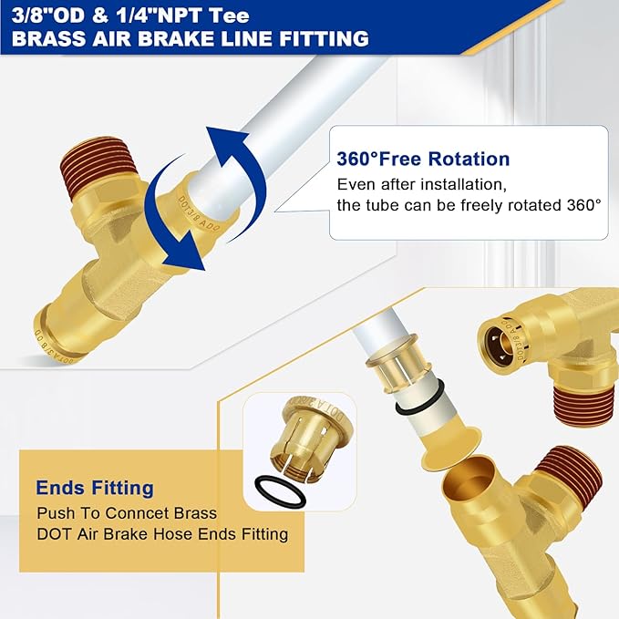 3/8" DOT Air Line Fittings Tee, 3PCS Brass Air Brake Fittings 3/8" Tube OD × 1/4" NPT × 3/8" Tube OD Push to Connect Tee Union to Male Pipe Swivel for Truck Trailers Air Brake System