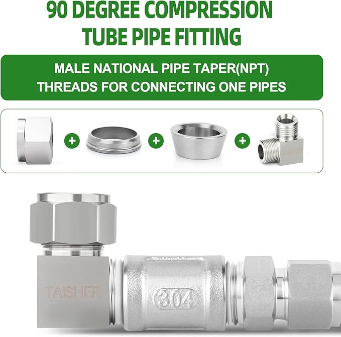 TAISHER 2PCS 304 Stainless Steel Square 90 Degree Compression Tube Pipe Fitting Connector, 3/8" Tube OD x 1/4" NPT Male Adapter