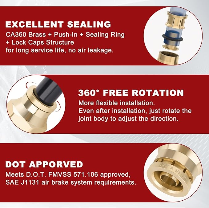 50pcs Quick Push to Connect Fittings Brass Male Straight Combination 1/4 3/8 DOT Air Line Fittings Kit 1/4 3/8 Tube Fitting DOT Approved Air Brake System Air Suspension Kit Air Hose Repair Kit