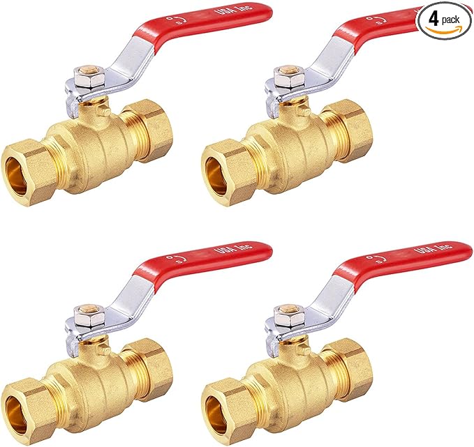 1/2" Ball Valve, 4 Pack Compression Shut Off Valves Red, Quarter Turn Brass Full Port Shut Off Ball Valve for Hot and Cold Water, NSF/ANSI 61 Certified