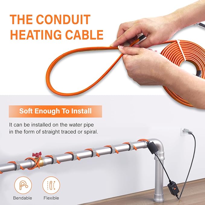Cupohus Heat Tape for Water Pipes with Thermostat 60FT, Freeze Protection Self-Regulating Heat Trace Cable for Metal, Plastic Home Pipes, Roof and RV, 110-120V