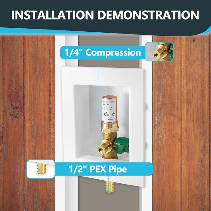 5-Pack Seelink Pre-Assembled Ice Maker Outlet Box, 1/2" PEX Crimp Inlet x 1/4" OD Compression Outlet, with Installed 1/4-Turn Ball Valve and Copper Hammer Arrestor