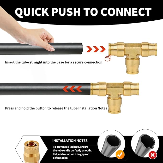 3/8" Brass Push to Connect Fittings Tee Union Dot Approved Air Brake Quick Connect Fittings Air Line Fittings Air Suspension Kit for Truck Trailers and Air Brake System 5Pcs
