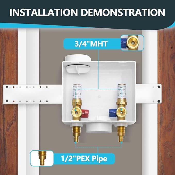 Washing Machine Outlet Box, Center Drain/Side Drain, 1/2 Inch Pex Crimp Inlet x 3/4 Inch MHT Outlet Connection, with Copper Water Hammer Arrestor (Pack of 2)(WM012-2Pack)