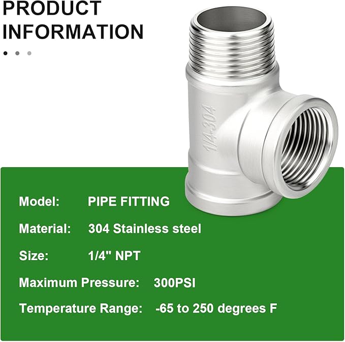 TAISHER 5PCS 304 Stainless Steel Tee Pipe Fittings, 1/4" NPT Female x 1/4" NPT Female x 1/4" NPT Male Pipe Fittings, Male Run Tee