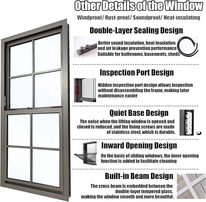 42x32 Shed Windows, Sliding Windows with Double Panel Tempered Glass and Screen, Household Storm Window with Sealing Strips, Small Ventilation Window for Basement Chicken Coops Bathroom Black