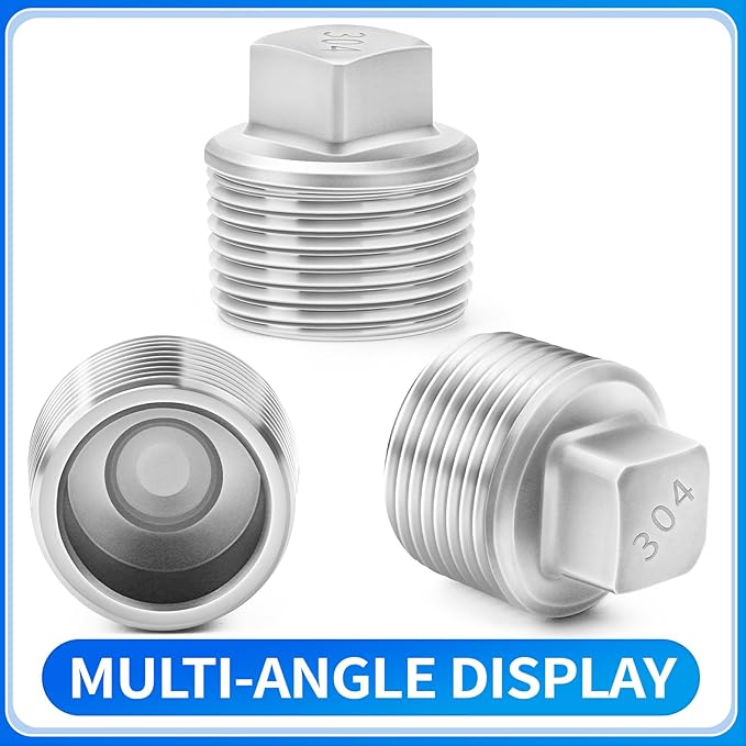 ChillWaves 304 Stainless Steel Pipe Fitting, Outer Square Head Socket Pipe Plug Fitting，1/2" NPT Male，Thread Adapter(6-PACK)