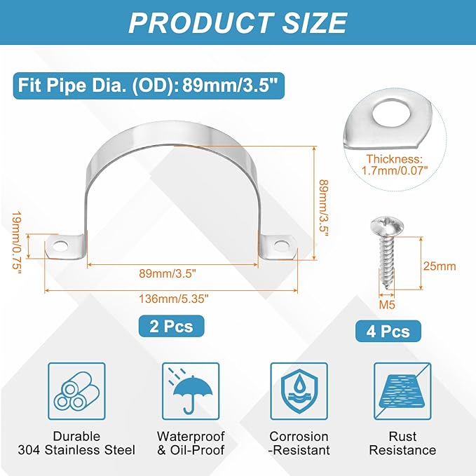 uxcell 2Pcs 89mm(3-1/2") Two Hole Rigid Pipe Strap, 304 Stainless Steel Conduit Clamp Thicken U Bracket Heavy Duty Pipe Clamp with Self-Tapping Screws for Fixing Tube Cable, Silver