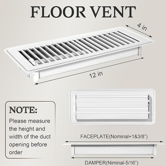 4 PCS Floor Vents Floor Registers 4x12 inch, Heavy Duty Metal Heat Air Vent Covers 4 X 12 with Rust Proof Finish for Home Office Wall Floor Registers Grilles & Vents (4, White, 4x12 Inches)