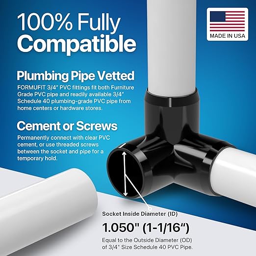 FORMUFIT 3/4” 3-Way Elbow Furniture Grade PVC Fitting in Black, Made in USA, UV-Resistant, Impact-Proof, 1.050” Actual Socket Diameter (Pack of 8)