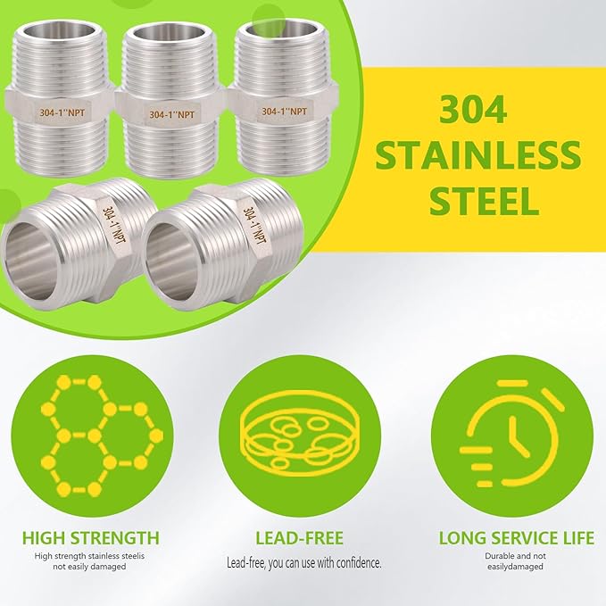 2PCS Hex Nipple 1" x 1" Male Pipe Fittings, 304 Stainless Steel 1 inch NPT Threaded Pipe Adapter Fittings, Male Straight Connector Pipe Fitting