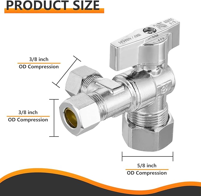 5-Pc HeSun Quarter-Turn Compression Angle Valve, 1/2" Nominal (5/8"OD) x 3/8" OD x 3/8" OD, Dual Compression Outlet Shut Off Valve, Chrome Plated Brass(VALVE206-5)