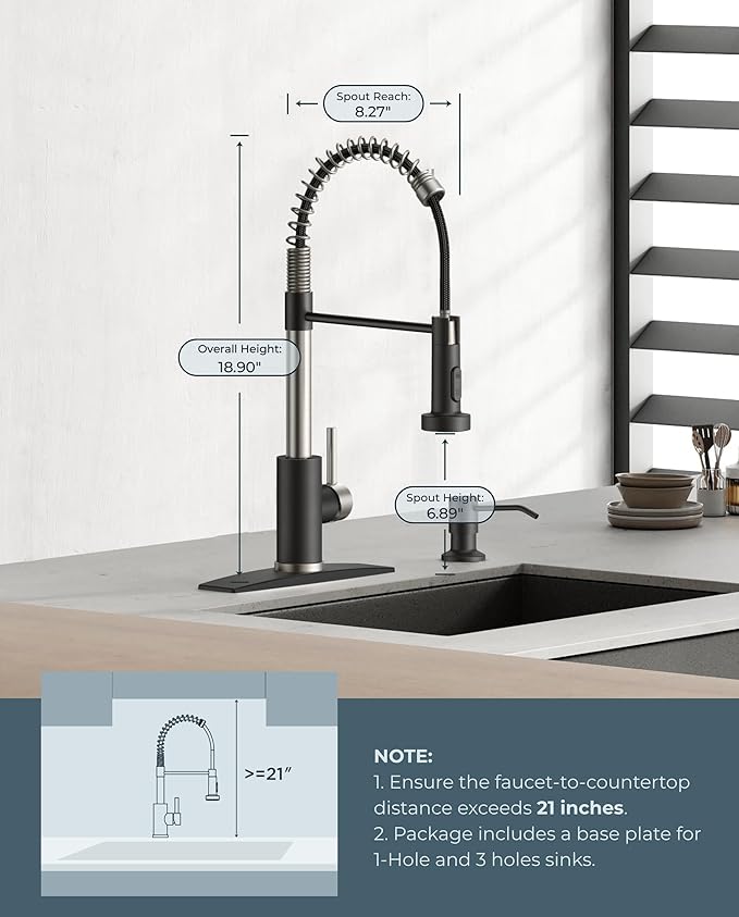 FORIOUS Kitchen Faucet with Pull Down Sprayer, Stainless Steel Commercial Single Handle Classic Spring Pull Out Sink Faucet for Pot Filler, Farmhouse Camper Bar Laundry Room, Black Brushed