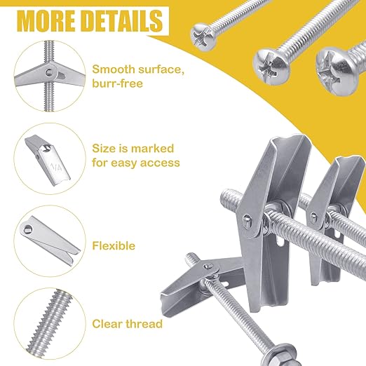 48 Sets Toggle Bolts - 1/4 3/16 1/8 Inch Butterfly Toggle Anchors for Drywall - Toggle Bolt Assortment Kit with Matching Wing Nuts, Hex Nuts, Washers