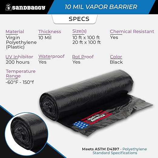 Sandbaggy 20 ft x 100 ft Vapor Barrier 10 Mil | Polyethylene | Black Plastic Sheeting Rolls | Moisture Barrier for Crawl Spaces, Concrete and Laminate Underlayment, Walls (100 Rolls)